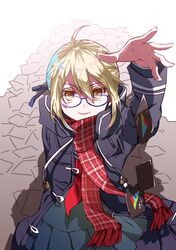  ahoge artoria_pendragon_(fate) blonde_hair blue-framed_eyewear commentary_request dark_persona fate/grand_order fate_(series) female gift_card glasses google google_play highres jacket kyouna looking_at_viewer mysterious_heroine_x_alter_(fate) mysterious_heroine_x_alter_(first_ascension)_(fate) pile plaid plaid_scarf red_scarf scarf school_uniform simple_background smile solo white_background yellow_eyes 