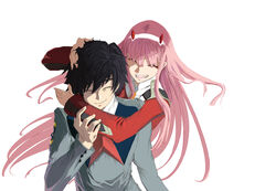  1boy black_hair closed_eyes commentary_request couple darling_in_the_franxx fangs female floating_hair hair_ornament hairband hand_on_another&#039;s_arm hand_on_another&#039;s_head hiro_(darling_in_the_franxx) horns hug hug_from_behind long_hair long_sleeves military military_uniform necktie oni_horns orange_necktie photoshop_(medium) pink_hair red_horns straight tsuna_(akmu8832) uniform white_hairband zero_two_(darling_in_the_franxx) 