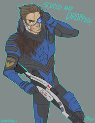  1boy bad_link garrus_vakarian ghost_green grey_background gun humanization m-92_mantis male_focus mass_effect_(series) mass_effect_2 photoshop_(medium) rifle scar scouter simple_background sniper_rifle solo turian weapon 