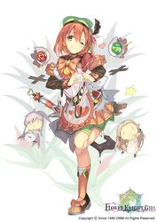  :&gt; ;q aloe_(flower_knight_girl) apron beret bow brooch brown_hair commentary_request doll dreamlight2000 dress female flower_knight_girl full_body green_eyes green_hat hat heart heart_brooch heart_hands jewelry looking_at_viewer official_art one_eye_closed orange_bow orange_socks shoes short_hair smile socks solo standing standing_on_one_leg tachi-e tongue tongue_out white_dress 