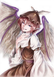  animal_ears arm_belt baten_(gei-vorugu) commentary_request female grin hand_on_own_chest hat highres large_wings mystia_lorelei photoshop_(medium) pink_hair purple_eyes short_hair simple_background smile solo touhou white_background wings 