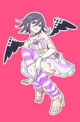  1boy checkered choker commentary_request cosplay crossdressing danganronpa_(series) danganronpa_v3:_killing_harmony dress full_body heart high_heels jewelry male_focus oma_kokichi panty_&amp;_stocking_with_garterbelt pink_background purple_eyes purple_hair sandals short_hair shou_(past) simple_background smirk solo stocking_(psg) stocking_(psg)_(cosplay) strap striped_clothes striped_thighhighs thighhighs undressing wings 