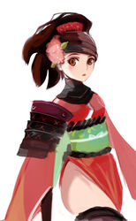  armor brown_eyes brown_hair comb commentary_request female flower hair_flower hair_ornament japanese_armor japanese_clothes kimono kote looking_at_viewer momohime obi oboro_muramasa photoshop_(medium) sash short_kimono shoulder_armor side_slit simple_background sode solo thighhighs white_background wizard898 