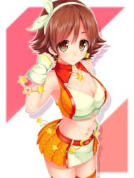  bad_id bad_pixiv_id belt breasts brown_hair center_opening cleavage crop_top earrings female hairband hand_on_own_stomach highres honda_mio idolmaster idolmaster_cinderella_girls jewelry large_breasts midriff mokufuu navel short_hair skirt smile solo star_(symbol) sunset_nostalgie_(idolmaster) 