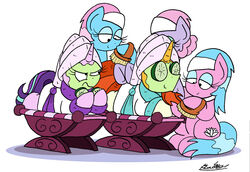  2018 aloe_(mlp) bathrobe bobthedalek brush clothing cucumber equid equine female food friendship_is_magic fruit furniture group hasbro hi_res horn horse humor lotus_(mlp) mammal mud_mask my_little_pony mythological_creature mythological_equine mythology plant pony robe spa starlight_glimmer_(mlp) sunburst_(mlp) table towel towel_on_head unicorn vegetable 