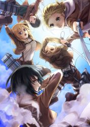  5girls annie_leonhart bad_id bad_pixiv_id belt black_eyes black_hair blonde_hair blue_eyes boots brown_eyes brown_hair buckle cloud emblem freckles jacket krista_lenz long_hair long_sleeves lotter75 mikasa_ackerman multiple_girls pants paradis_military_uniform ponytail sasha_blouse shingeki_no_kyojin short_hair sky sword thigh_strap three-dimensional_maneuver_gear training_corps_(emblem) weapon ymir_(shingeki_no_kyojin) 