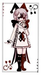  ace_(playing_card) ace_of_clubs ace_of_diamonds ace_of_hearts ace_of_spades blush boots card club_(shape) commentary_request covering_own_mouth diamond_(shape) female flower hat heart heterochromia highres jester_cap joker_(playing_card) mahou_shoujo_ikusei_keikaku md5_mismatch oxiiko playing_card ribbon short_hair shufflin solo spade_(shape) standing tabard wrist_bow wrist_cuffs 