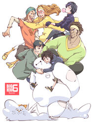  2girls 4boys baymax big_hero_6 black_hair brown_hair commentary_request dreadlocks feline fred_(big_hero_6) glasses gogo_tomago hiro_hamada honey_lemon long_hair multicolored_hair multiple_boys multiple_girls orange_hair photoshop_(medium) purple_hair robot short_hair tadashi_hamada touge_hiro wasabi-no-ginger 