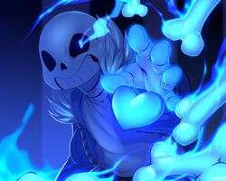  5:4 animated_skeleton avoid_posting bone clothed clothing heart_symbol looking_at_viewer magic male monster not_furry sans_(undertale) skeleton smile solo standing teeth undead undertale undertale_(series) yuurikin 