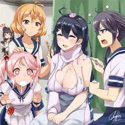  +_+ 5girls ahoge akebono_(kancolle) apron aran_sweater bandaid bandaid_on_face black_hair blush blush_stickers breasts brown_eyes brown_hair cable_knit cleavage commentary_request cotton_ball crab curtains darkmaya dated drooling female_pervert first_aid flying_sweatdrops gloves hair_bobbles hair_ornament indoors infirmary isokaze_(kancolle) kantai_collection large_breasts long_hair long_sleeves multiple_girls oboro_(kancolle) open_mouth pervert pink_hair pink_sweater purple_eyes rabbit red_eyes sazanami_(kancolle) sazanami_kai_(kancolle) school_uniform serafuku short_hair short_sleeves signature sitting smile sweater torn_clothes torn_sweater turtleneck turtleneck_sweater twintails ushio_(kancolle) waist_apron white_gloves 