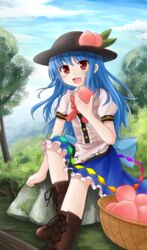  basket blouse blue_hair blue_sky boots bow bush cloud commentary_request cross-laced_footwear day female food fruit grass hat highres hinanawi_tenshi knee_up leaf long_hair looking_at_viewer moss open_mouth outdoors peach red_eyes rock shirt sitting sitting_on_rock skirt sky solo touhou tree yuyumi_(yuurei) 