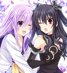  2girls ;d ;o bad_id bad_pixiv_id bare_shoulders black_hair blush bow breasts choujigen_game_neptune_mk2 collar d-pad d-pad_hair_ornament elbow_gloves fingerless_gloves gloves hair_ornament hairbow hinano long_hair multiple_girls nepgear neptune_(series) one_eye_closed open_mouth pink_hair purple_eyes red_eyes small_breasts smile uni_(neptunia) 