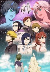  5boys 5girls ahoge arms_behind_head bandage bangs black_bodysuit black_cloak black_hair blonde_hair blue_eyes blue_hair blue_horns blue_skin blue_sky bodysuit boots breasts brown_eyes brown_hair cloak cloud cloudy_sky coat commentary_request couple darling_in_the_franxx day_and_night dual_persona eyebrows_visible_through_hair from_behind fur_boots fur_coat fur_trim futoshi_(darling_in_the_franxx) glasses gloves gorou_(darling_in_the_franxx) green_eyes grey_coat grey_shirt hachi_kou hair_ornament hairclip hand_holding hand_up high_ponytail hiro_(darling_in_the_franxx) hood hooded_cloak horns ichigo_(darling_in_the_franxx) ikuno_(darling_in_the_franxx) kokoro_(darling_in_the_franxx) light_brown_hair lolicon long_coat long_hair long_sleeves looking_at_another looking_at_viewer medium_breasts miku_(darling_in_the_franxx) military mitsuru_(darling_in_the_franxx) multiple_boys multiple_girls oni_horns parka pilot_suit pink_hair ponytail purple_eyes purple_hair red_hair red_horns red_skin shirt shirtless short_hair sky small_breasts space star star_(sky) starry_sky straight thick_eyebrows twintails uniform white_bodysuit white_gloves winter_clothes winter_coat yellow_eyes zero_two_(darling_in_the_franxx) zorome_(darling_in_the_franxx) 