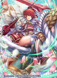  female female fire_emblem fire_emblem_if hinoka_(fire_emblem_if) holding holding_weapon horse naginata nintendo official_art pegasus polearm red_hair shiny shiny_skin short_hair solo thighs weapon 