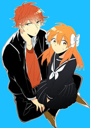  1boy alternate_costume bad_id bad_pixiv_id black_serafuku blue_background bow female gakuran gekkan_shoujo_nozaki-kun hairbow mikoshiba_mikoto oda_kazuomi orange_eyes orange_hair photoshop_(medium) red_eyes red_hair red_shirt sakura_chiyo school_uniform serafuku shirt simple_background sitting white_bow 