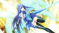  alice_soft aqua_eyes aqua_hair bodysuit breasts choukou_shinki_ixseal elbow_gloves ellis_xillia feathers game_cg gloves headband long_hair skintight sword tagme_(artist) thighhighs weapon wings 