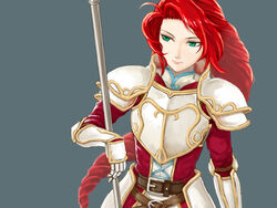  absurdres armor bad_id bad_pixiv_id belt braid breastplate faulds female fire_emblem fire_emblem:_path_of_radiance fire_emblem:_radiant_dawn gauntlets green_eyes grey_background highres long_hair pauldrons pazuzu438 polearm red_hair shoulder_armor simple_background solo titania_(fire_emblem) weapon 