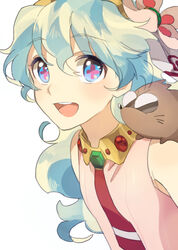  :d animal_on_shoulder bad_id bad_pixiv_id boota_(ttgl) cross-shaped_pupils female hair_between_eyes hair_ornament linaria_(ookinahitomi) long_hair multicolored_hair nia_teppelin open_mouth photoshop_(medium) smile symbol-shaped_pupils tengen_toppa_gurren_lagann two-tone_hair upper_body 