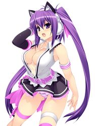  :d animal_ear_headphones animal_ears armlet beatmania_iidx between_breasts breasts cat_ear_headphones cat_ears cleavage clothes_lift detached_sleeves fake_animal_ears female hand_on_headphones headphones kinoshita_ichi large_breasts long_hair mizushiro_celica necktie open_mouth panties pantyshot purple_eyes purple_hair simple_background skirt skirt_lift smile solo standing striped_clothes striped_panties thigh_strap twintails underwear very_long_hair white_background 