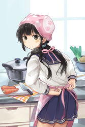  apron black_hair brown_eyes commentary_request female hat highres kitchen kitchen_knife knife looking_at_viewer looking_back niichi_(komorebi-palette) original photoshop_(medium) pot radish santoku_knife school_uniform serafuku skirt solo tying_apron 