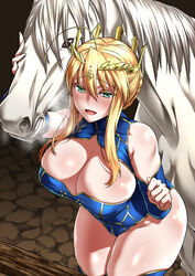  ahoge animal artoria_pendragon_(fate) artoria_pendragon_(lancer)_(fate) bare_shoulders blonde_hair blue_leotard blush body_blush braid breasts breath cleavage cleavage_cutout clothing_cutout colored_eyelashes commentary_request covered_nipples crown detached_sleeves f.w.zholic fate/grand_order fate_(series) female french_braid gold_trim green_eyes half-closed_eyes headpat highleg highleg_leotard highres horse huge_breasts implied_bestiality leotard long_hair shiny_skin sidelocks sleeveless sleeveless_turtleneck sleeveless_turtleneck_leotard smile thighhighs turtleneck turtleneck_leotard 