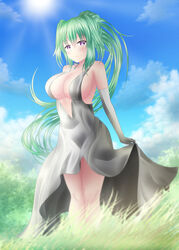  bad_id bad_pixiv_id blush breasts cleavage cleavage_cutout clothing_cutout cloud day dress female grass green_hair green_heart_(neptunia) highres large_breasts long_hair looking_at_viewer nature neptune_(series) no_bra outdoors ponytail power_symbol power_symbol-shaped_pupils purple_eyes sky solo sun symbol-shaped_pupils very_long_hair yumcha 