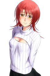  blush bonnie_(rsg) cleavage_cutout clothing_cutout commentary_request female hino_kahoko la_corda_d&#039;oro looking_at_viewer meme_attire open-chest_sweater red_hair ribbed_sweater short_hair solo sweater turtleneck yellow_eyes 