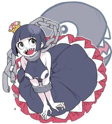  2018 black_hair blue_eyes chain_chomp chains clothing crown cuff_(restraint) dress female frilly hair headgear humanoid mario_bros nintendo not_furry restraints saekiyahiro shackles sharp_teeth short_hair super_crown teeth 