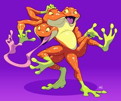  3_arms 3_heads 4_legs amphibian anthro cerberus_conjoinment conjoined digital_media_(artwork) frog full-length_portrait hand_tongue kobi_lacroix multi_arm multi_head multi_leg multi_limb multifur mutation nude portrait purple_background simple_background solo 