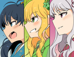  3girls :d ahoge antenna_hair black_hair blonde_hair blue_eyes blush commentary_request ganaha_hibiki green_eyes grey_hair grin hair_ornament highres hoshii_miki idolmaster idolmaster_(classic) long_hair multiple_girls oerba_yun_fang open_mouth profile project_fairy_(idolmaster) purple_eyes shijou_takane smile tuxedo_de_cat 