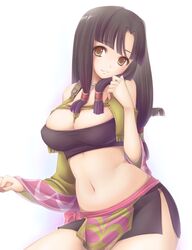  bad_id bad_pixiv_id bag bare_shoulders blush breasts brown_eyes brown_hair cleavage commentary_request female hayabusa_koi jewelry large_breasts long_hair looking_at_viewer navel necklace saaya_(suisei_no_gargantia) simple_background sitting solo suisei_no_gargantia white_background 