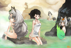  1boy 4girls animal animal_ears artist_name bathing black_hair blush breasts brown_eyes brown_hair cleavage commentary_request ener fox_ears ghost grey_hair hair_ornament hitodama izuna_jinkuro kisuke kitsune kongiku leaf leaf_on_head long_hair medium_breasts mixed-sex_bathing momohime monkey multiple_girls naked_towel nude oboro_muramasa onsen orange_eyes photoshop_(medium) red_eyes shared_bathing sidelocks torahime towel yuzuruha 