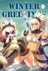  abs aqua_eyes artist_name belt black_gloves blue_sclera breasts colored_sclera commentary_request covered_nipples cup earrings english_text fangs feline felyne female gloves hairband highres horns jewelry kanchuumimai kirin_(armor) looking_at_viewer medium_breasts melynx midriff monster_hunter_(character) monster_hunter_(series) non_(nonzile) open_mouth paw_print photoshop_(medium) purple_eyes single_horn sitting snowflakes stencil_lettering thighhighs tongue underboob weapon 