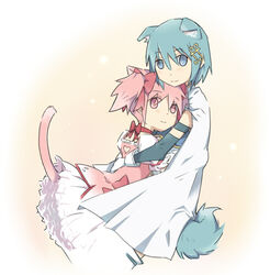  2girls animal_ears armband blue_hair bow cape cat_ears cat_tail commentary_request dog_ears dog_tail fortissimo frills gloves gmork hair_ornament hairbow hairclip hug kaname_madoka kaname_madoka_(magical_girl) kemonomimi_mode magical_girl mahou_shoujo_madoka_magica mahou_shoujo_madoka_magica_(anime) mahou_shoujo_madoka_magica_movie_1_&amp;_2 miki_sayaka miki_sayaka_(magical_girl) multiple_girls musical_note musical_note_hair_ornament pink_hair short_hair short_twintails tail twintails 