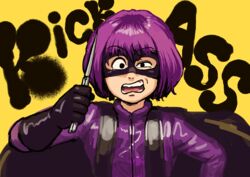  absurdres akira_(style) balisong black_cape black_eyes black_gloves blue_jacket bob_cut cape chanta_(ayatakaoisii) commentary copyright_name female gloves half-closed_eye highres hit-girl holding holding_knife jacket kick-ass knife long_sleeves looking_at_viewer mask open_mouth parody purple_hair purple_jacket short_hair solo style_parody yellow_background 