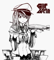  aircraft capelet character_name commentary_request cross dirigible female gloves graf_zeppelin_(kancolle) hair_between_eyes hat iron_cross kantai_collection led_zeppelin machinery military military_hat military_uniform monochrome name_connection necktie object_namesake peaked_cap rail_zeppelin satou_ikken sidelocks solo toy train twintails uniform 