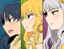  3girls ahoge antenna_hair black_hair blonde_hair blue_eyes blush commentary_request ganaha_hibiki green_eyes grey_hair highres hoshii_miki idolmaster idolmaster_(classic) long_hair multiple_girls oerba_yun_fang parted_lips profile project_fairy_(idolmaster) purple_eyes shijou_takane simple_background tuxedo_de_cat 