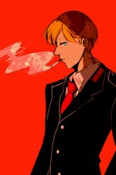  1boy absurdres acca_13-ku_kansatsu-ka blonde_hair blood blood_on_clothes blue_eyes cigarette commentary_request highres jean_otus kalouriis male_focus necktie red_background red_necktie sideways_glance smoke smoking solo standing uniform 