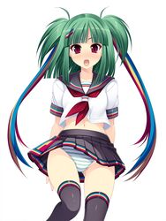  :d beatmania_iidx black_thighhighs blunt_bangs blush clothes_lift crop_top crop_top_overhang female green_hair green_panties hair_ornament hairclip hishimiya_tsugaru kinoshita_ichi midriff navel open_mouth panties pantyshot pleated_skirt red_eyes school_uniform serafuku simple_background skirt skirt_lift smile solo standing striped_clothes striped_panties thighhighs two_side_up underwear upskirt white_background white_panties 