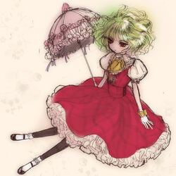  ascot bad_id bad_pixiv_id black_pantyhose dress female frilled_dress frills full_body graphite_(medium) green_hair kazami_yuuka mary_janes noromi pantyhose parasol petticoat puffy_short_sleeves puffy_sleeves red_dress red_eyes shoes short_hair short_sleeves socks solo touhou traditional_media umbrella white_socks 