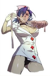  bad_id bad_twitter_id bandaged_arm bandages black_panties blue_hair breasts choker cleavage cross eyepatch female from_below ganno gloves hat large_breasts looking_down nurse nurse_cap pale_skin panties red_cross red_eyes scar short_hair simple_background skullgirls solo symbol-shaped_pupils underwear upskirt valentine_(skullgirls) white_background 