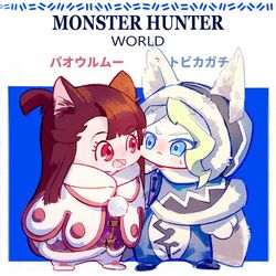  2girls animal_ears blonde_hair blue_eyes brown_hair cat_ears commentary diana_cavendish felyne kagari_atsuko little_witch_academia milk_puppy monster_hunter:_world monster_hunter_(series) multiple_girls paolumu_(armor) red_eyes tobi-kadachi_(armor) translation_request 