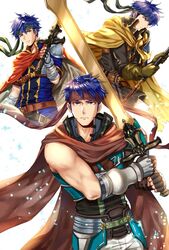  armor axe bad_id bad_twitter_id blue_eyes blue_hair cape cosplay dual_persona fire_emblem fire_emblem:_path_of_radiance fire_emblem:_radiant_dawn fire_emblem_heroes gloves greil greil_(cosplay) headband ike_(brave_mercenary)_(fire_emblem) ike_(fire_emblem) ike_(vanguard_legend)_(fire_emblem) male_focus multiple_boys ragnell short_hair simple_background sword wani_(fadgrith) weapon white_background 