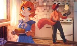  2017 5:3 anthro athletic back_muscles bite biting_lip biting_own_lip blue_eyes bottomwear clothed clothing cooking digital_media_(artwork) domestic_cat dress duo felid feline felis female food fur hair holding_object iskra kitchen konrad_zengel looking_back lynx mackerel_tabby male mammal muscular muscular_male orange_body orange_fur orange_hair pancake pants pink_nose self_bite shaded smile standing tabby_cat topless vera_(iskra) white_body white_fur 