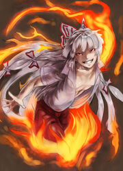  baten_(gei-vorugu) bow breasts commentary_request female fire fujiwara_no_mokou grey_hair grin hair_ribbon hairbow highres long_hair medium_breasts no_bra open_clothes open_shirt pants photoshop_(medium) red_eyes ribbon shirt smile solo touhou very_long_hair 