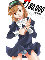  bad_id bad_pixiv_id brown_eyes brown_hair commentary_request cosplay empty_eyes female head-mounted_display holding holding_sign kannagi misaka_imouto panties placard pu-666 short_hair sign solo striped_clothes striped_panties toaru_majutsu_no_index translation_request underwear zange zange_(cosplay) 