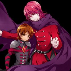  2boys bishounen black_background brown_eyes brown_hair cape chiyo_(rotsurechiriha) commentary_request crystal dark_persona happinesscharge_precure! long_sleeves looking_at_viewer male_focus multiple_boys precure red_(happinesscharge_precure!) red_eyes red_hair red_ribbon ribbon sagara_seiji scarf 