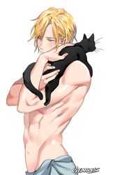  1boy artist_name ash_lynx banana_fish black_cat blonde_hair commentary_request feline gearous green_eyes highres male_focus naked_towel pectorals solo topless_male towel towel_around_waist 