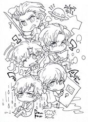  4boys absurdres chibi commentary_request female harry_mason heather_mason henry_townshend highres james_sunderland line_art monochrome multiple_boys murphy_pendleton rain scan shiro_(tiotolv) silent_hill:_downpour silent_hill_(series) silent_hill_1 silent_hill_2 silent_hill_3 silent_hill_4:_the_room sword tears traditional_media ufo weapon 