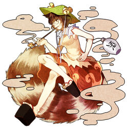  animal_ears armpits bare_arms bell breasts brown_eyes brown_hair brown_shirt brown_skirt commentary_request crossed_legs feet female full_body futatsuiwa_mamizou gourd hand_on_own_hip hat highres holding holding_smoking_pipe kiseru leaf leaf_on_head medium_breasts mei_luo okobo raccoon_ears raccoon_girl raccoon_tail sandals shirt short_hair simple_background sitting skirt sleeveless smoke smoking smoking_pipe tail toes touhou white_background 